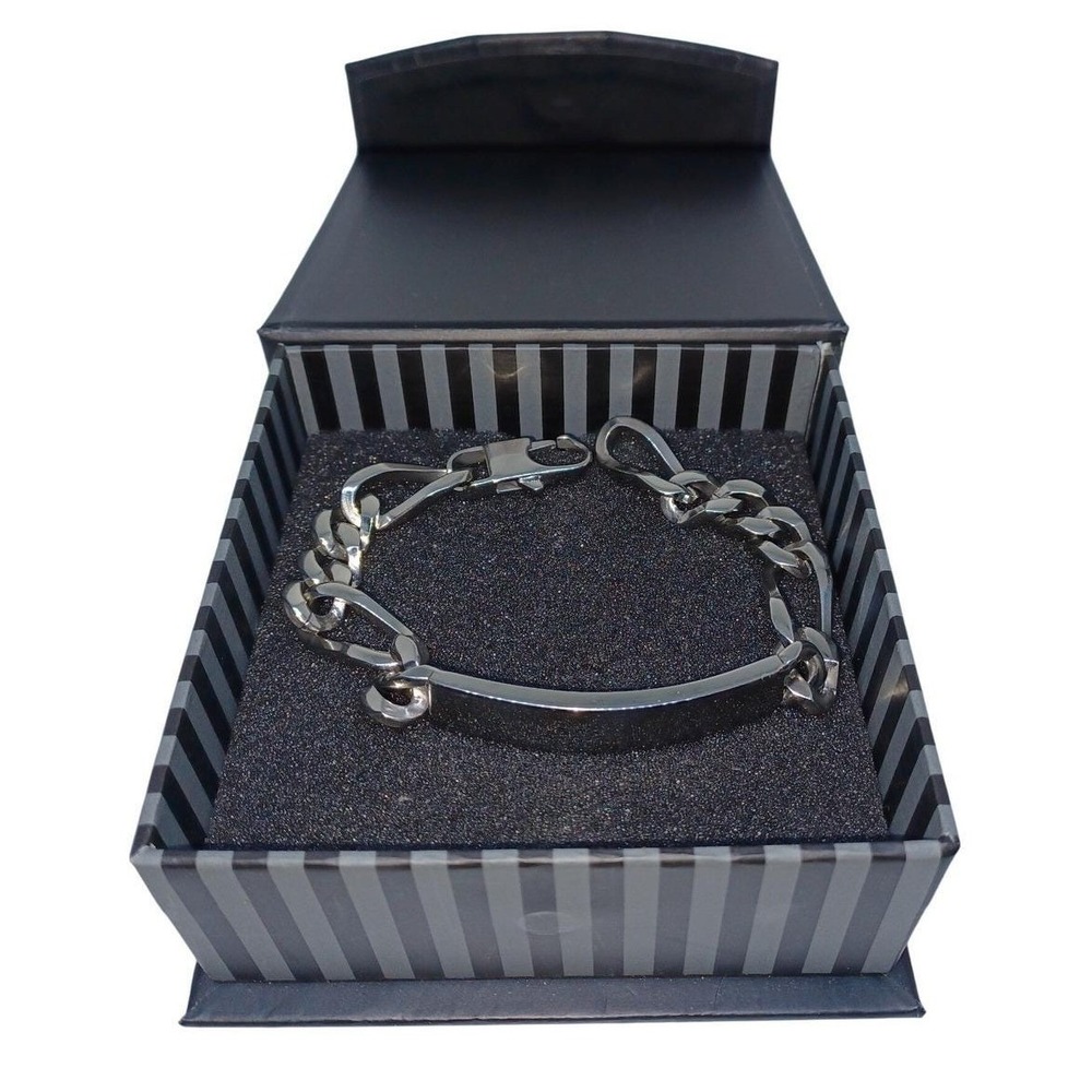 Rhona Sutton New York Silver Tone Figaro Chain ID Bracelet Boxed New No Tag